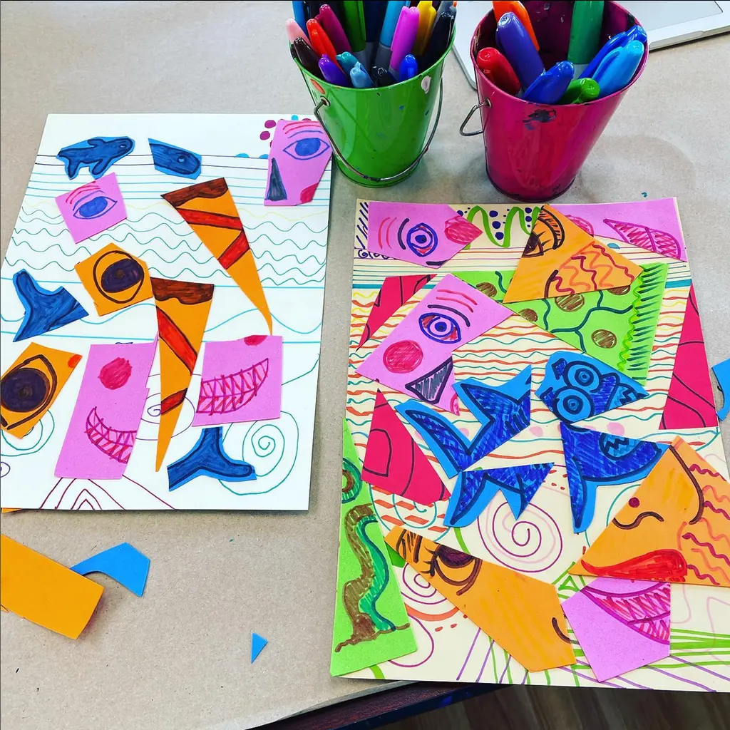 Colorful abstract marker drawings with cups of markers