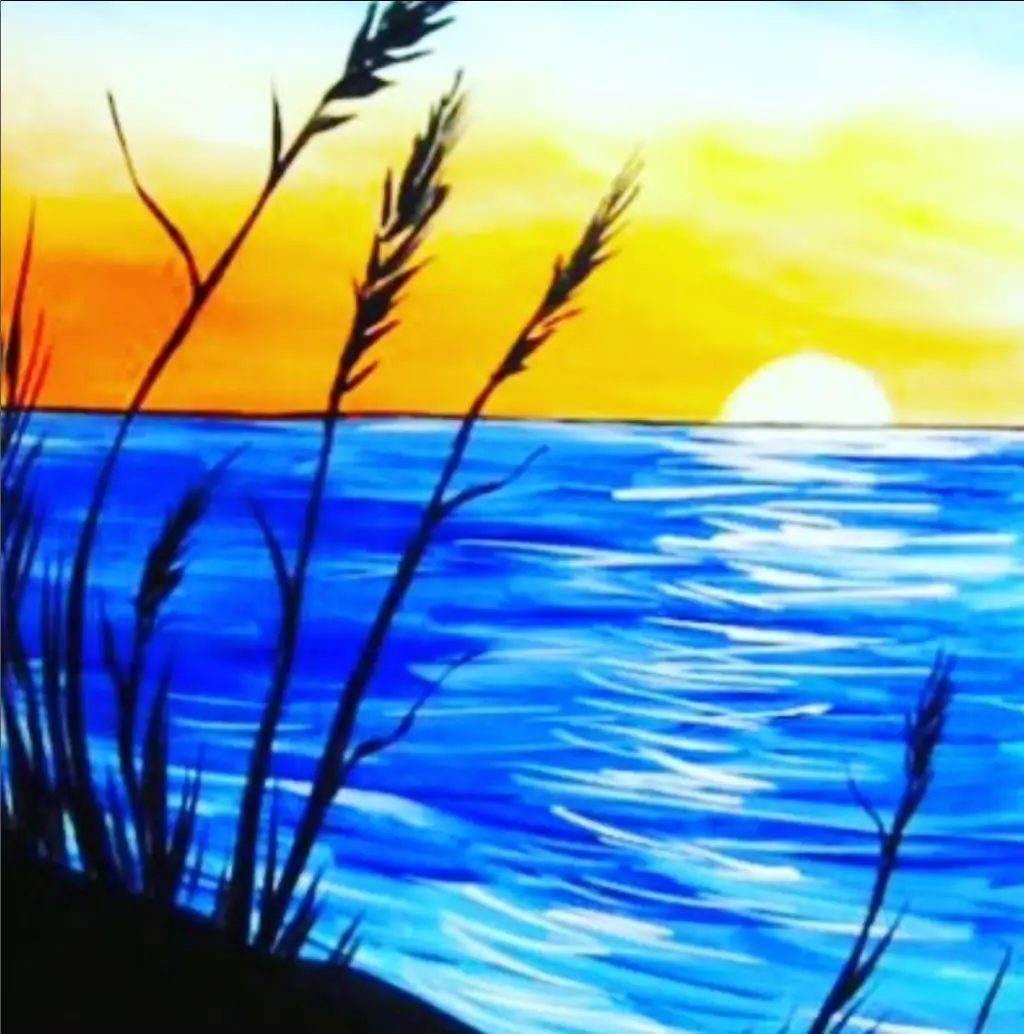 A painted canvas of an orange sunset over blue water with beach grass